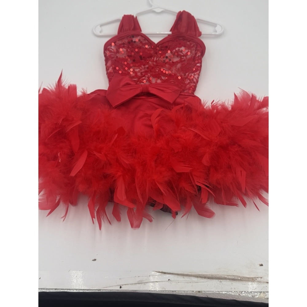 Red sequined lace dance costume with Feather skirt  by Weissman X- Small Child